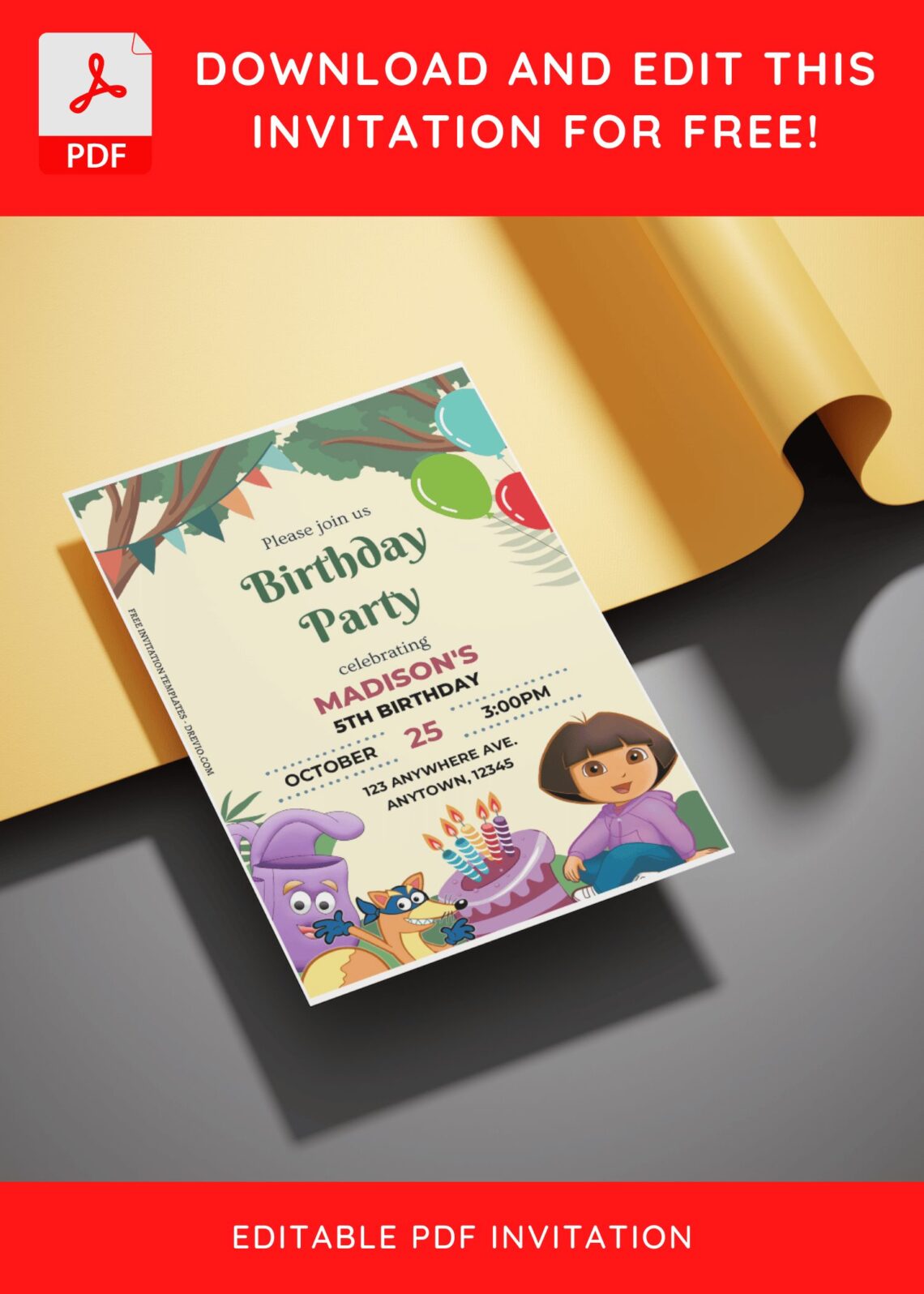 (Free Editable PDF) Join Dora The Explorer In Jungle Birthday Invitation Templates E