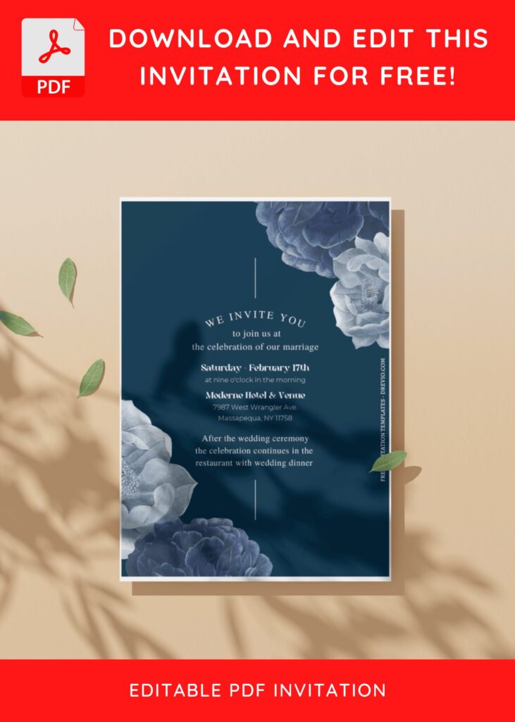 (Free Editable PDF) Dreamy Blue Flower Wedding Invitation Templates with editable text