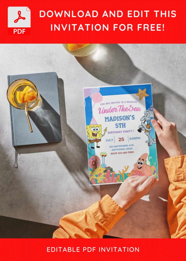 (Free Editable PDF) Dive Into Fun SpongeBob Under the Sea Birthday Invitation Templates D