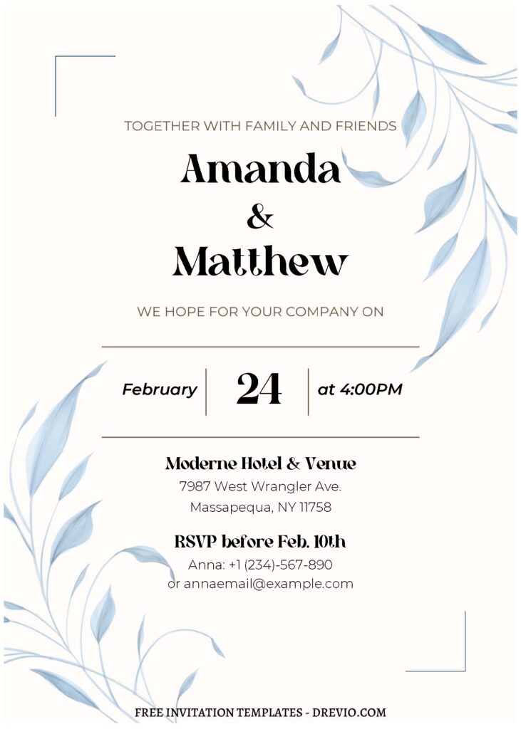 Invitation Template of (Free Editable PDF) Dreamy Blue Leaf Wedding Invitation Templates 1