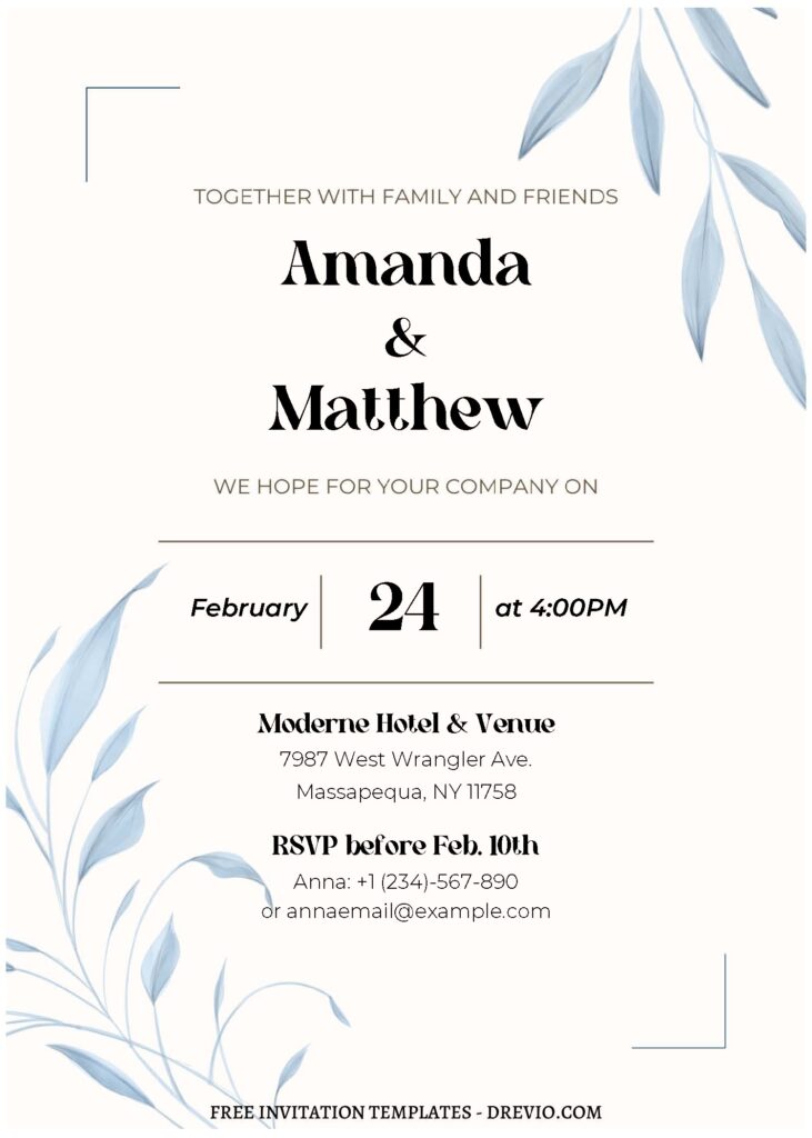 Invitation Template of (Free Editable PDF) Dreamy Blue Leaf Wedding Invitation Templates 3