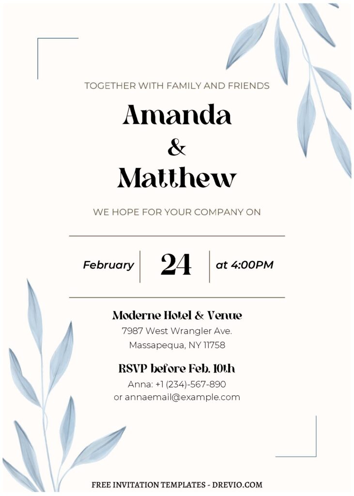 Invitation Template of (Free Editable PDF) Dreamy Blue Leaf Wedding Invitation Templates 2