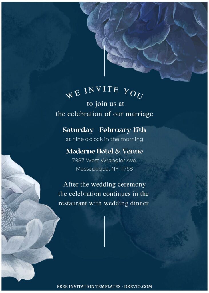 (Free Editable PDF) Dreamy Blue Flower Wedding Invitation Templates A
