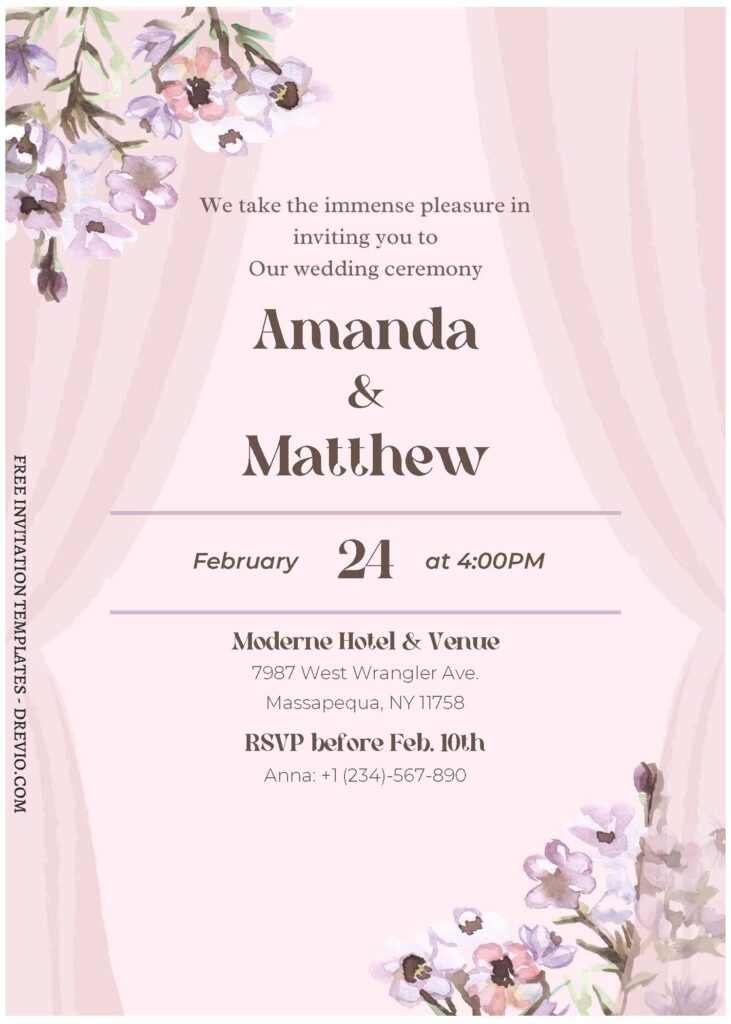 (Free Editable PDF) Beige Minimalist Floral Wedding Invitation Templates with stunning wedding arch curtain