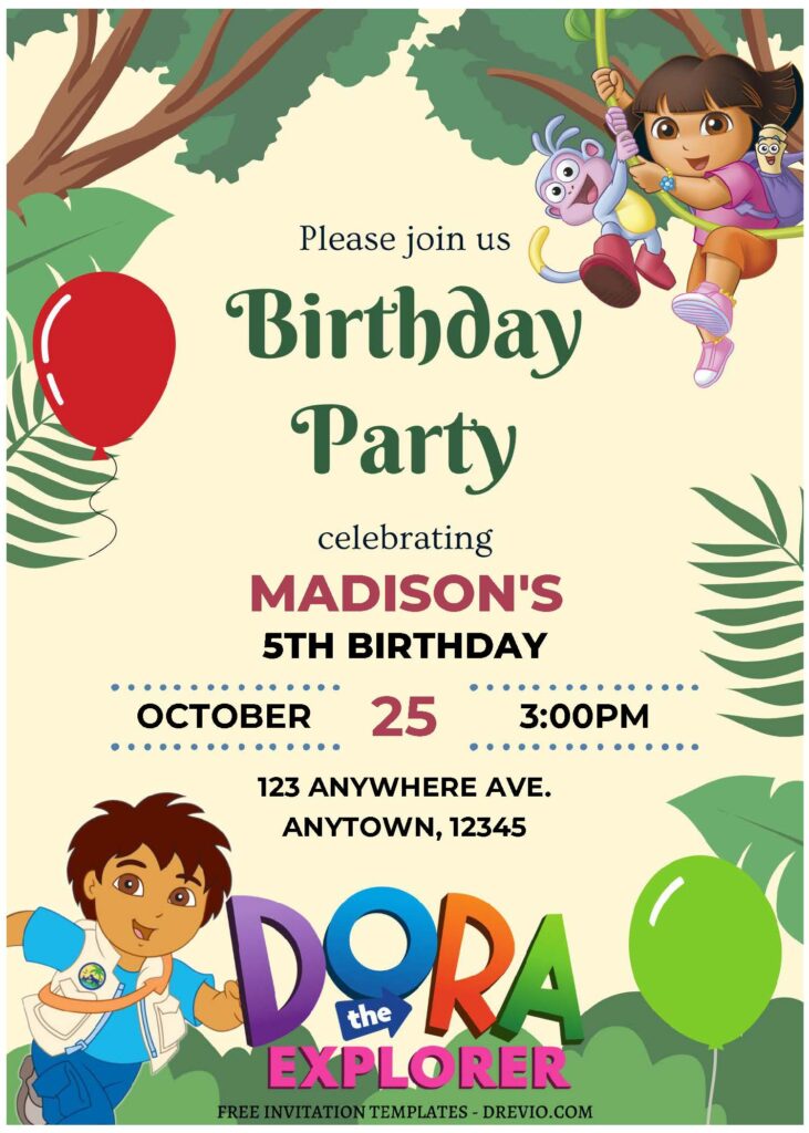 (Free Editable PDF) Join Dora The Explorer In Jungle Birthday Invitation Templates A