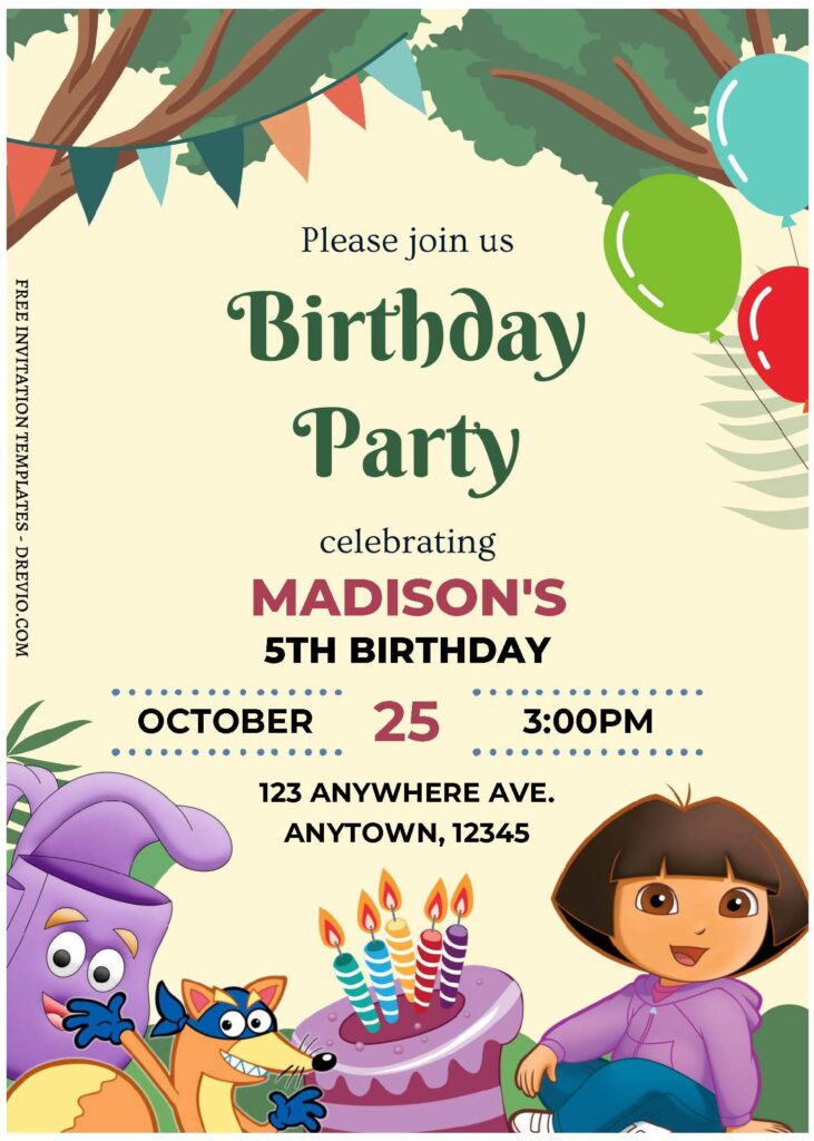 (Free Editable PDF) Join Dora The Explorer In Jungle Birthday Invitation Templates C