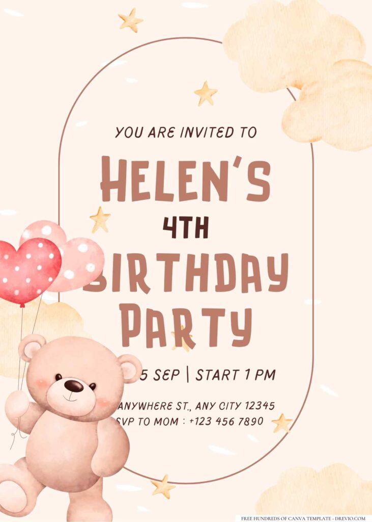 FREE Editable Teddy Bear Girl Birthday Invitation