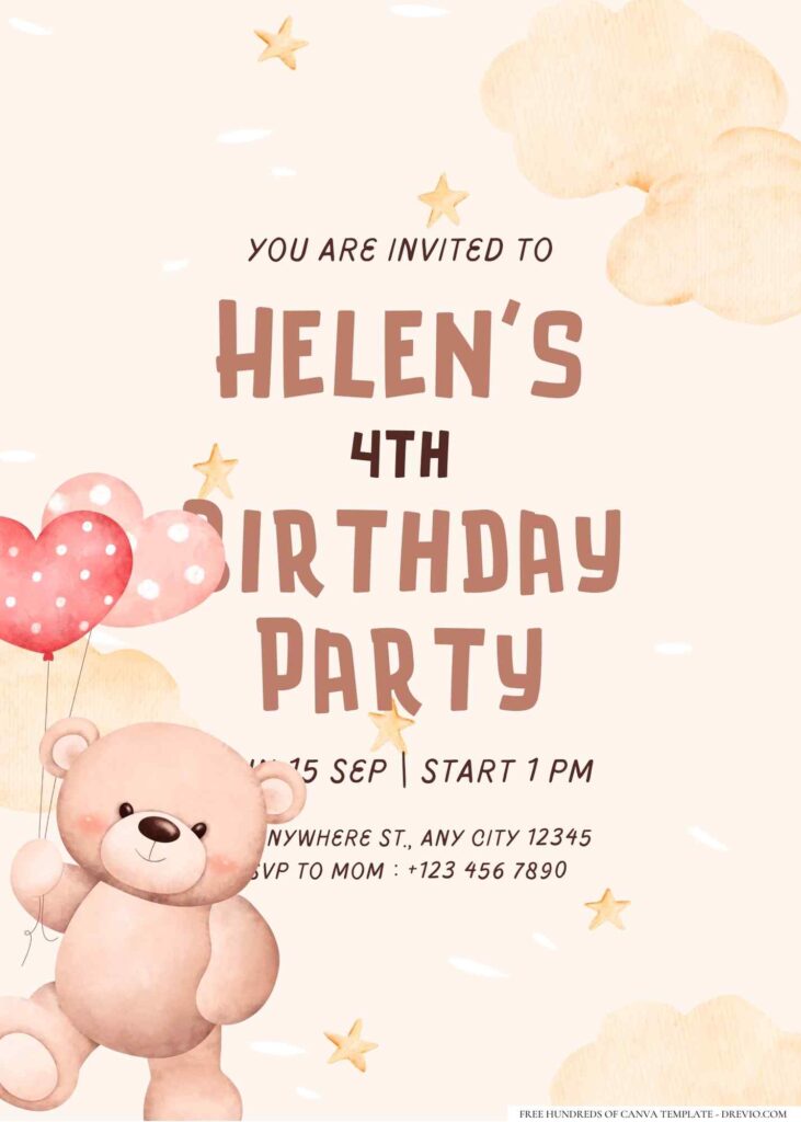 FREE Editable Teddy Bear Girl Birthday Invitation