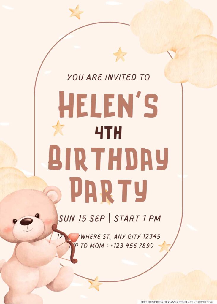 FREE Editable Teddy Bear Girl Birthday Invitation