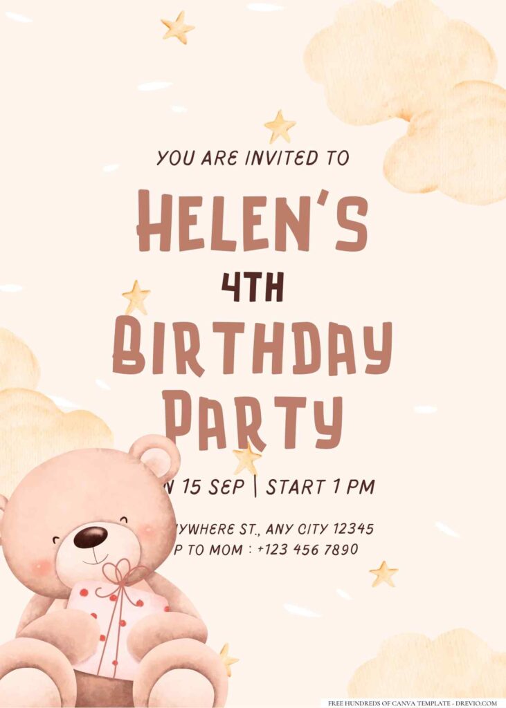 FREE Editable Teddy Bear Girl Birthday Invitation