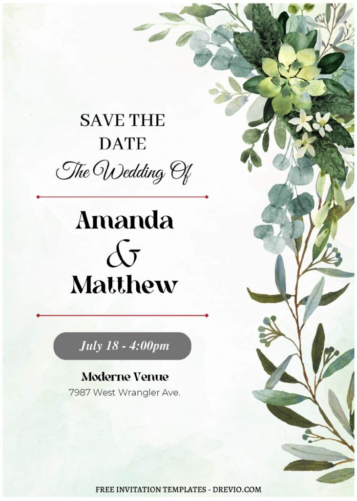 (Free Editable PDF) Greenery And Floral Border Wedding Invitation Templates A