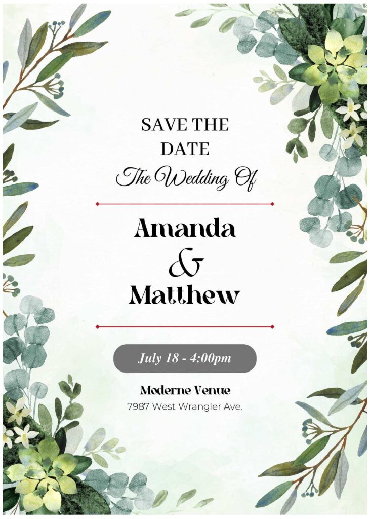 (Free Editable PDF) Greenery And Floral Border Wedding Invitation Templates C