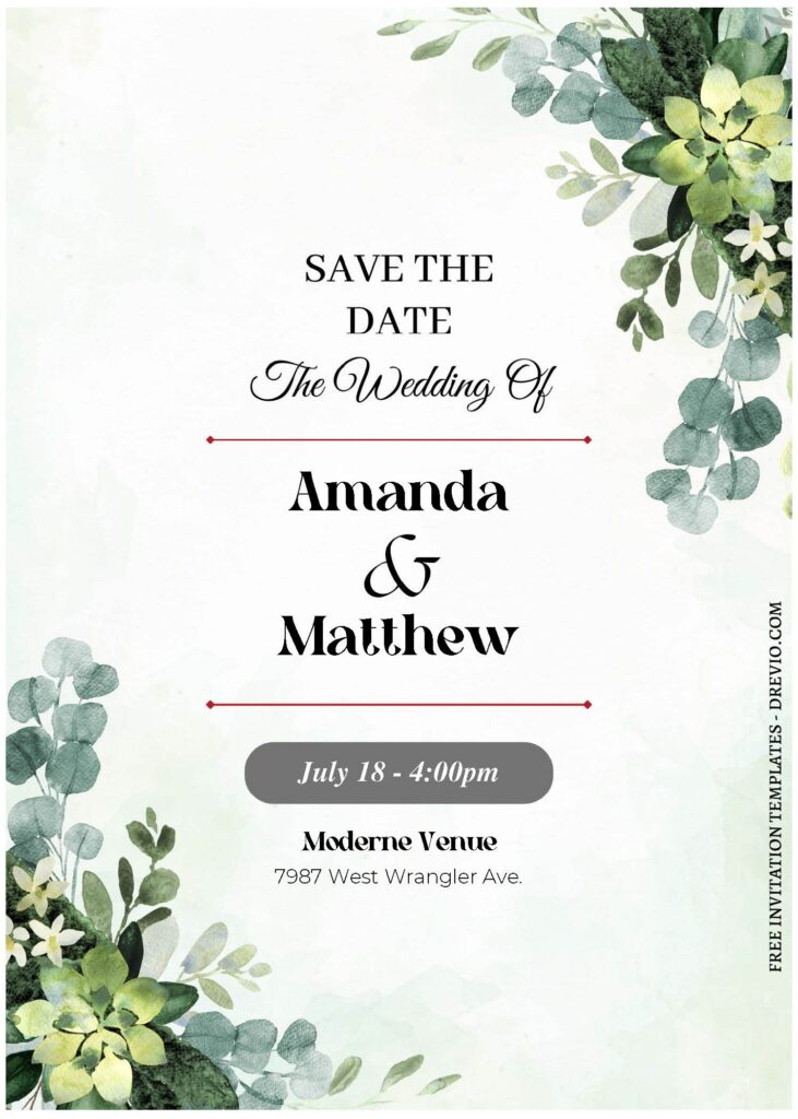 (Free Editable PDF) Greenery And Floral Border Wedding Invitation Templates with vintage and modern font styles