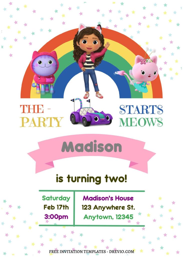 (Free Editable PDF) Rainbow Gabby's Dollhouse Birthday Invitation Templates B