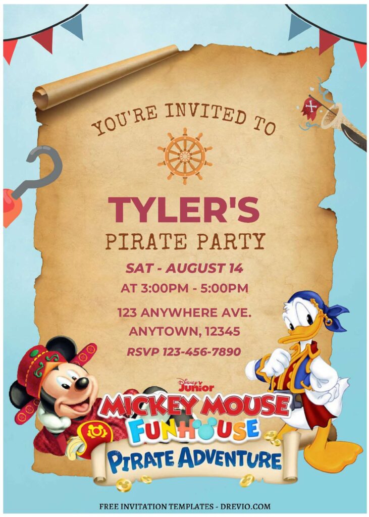 (Free Editable PDF) Set Sail For Fun Mickey Mouse Pirate Birthday Invitation Templates A