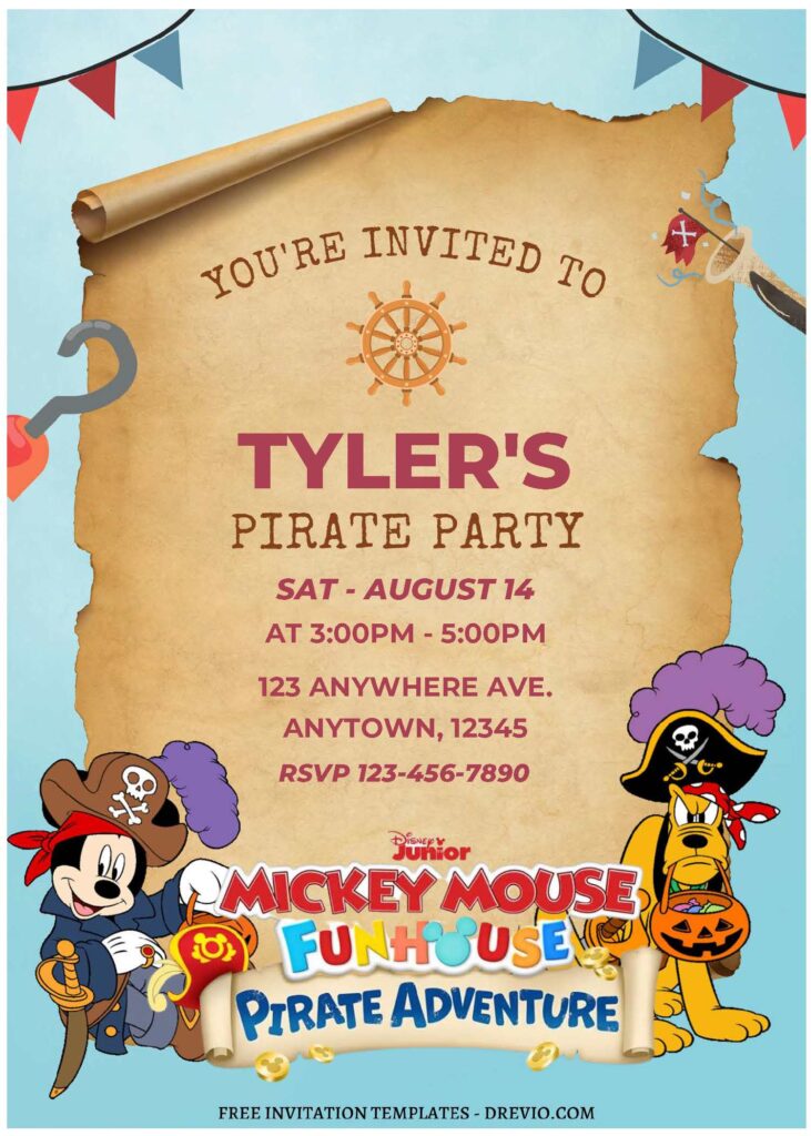 (Free Editable PDF) Set Sail For Fun Mickey Mouse Pirate Birthday Invitation Templates C