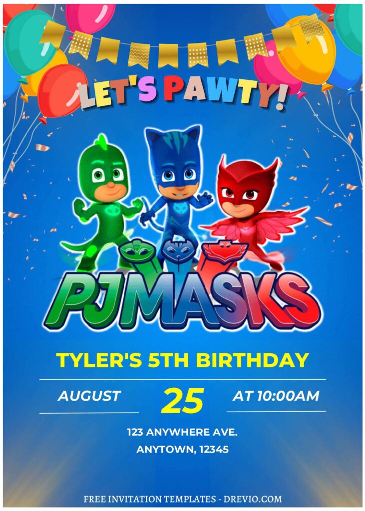 (Free Editable PDF) PJ Masks Kids Birthday Invitation Templates B