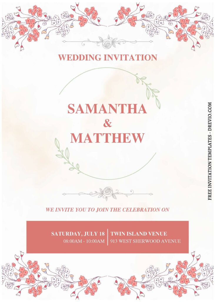 (Free Editable PDF) Stunning Peach Floral Wedding Invitation Templates A