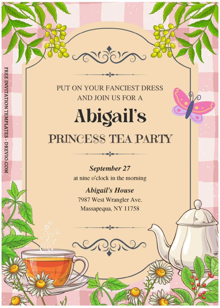 (Free Editable PDF) Dreamy Princess Tea Party Birthday Invitation Templates with vintage style fonts