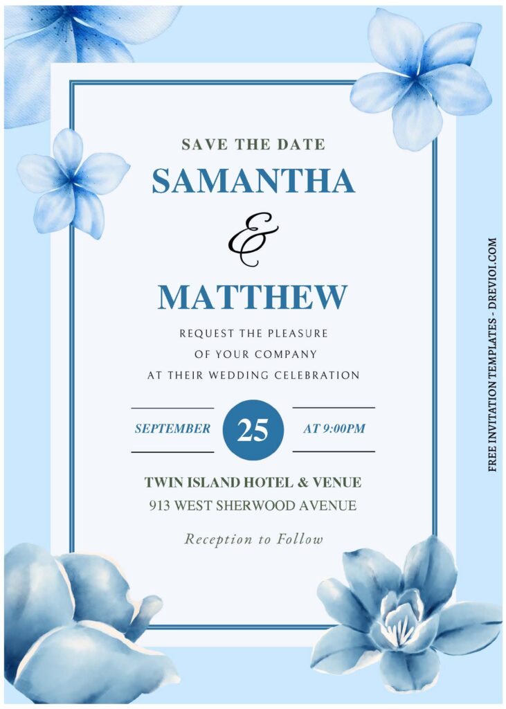 (Free Editable PDF) Rustic & Earthy Blue Floral Wedding Invitation Templates A