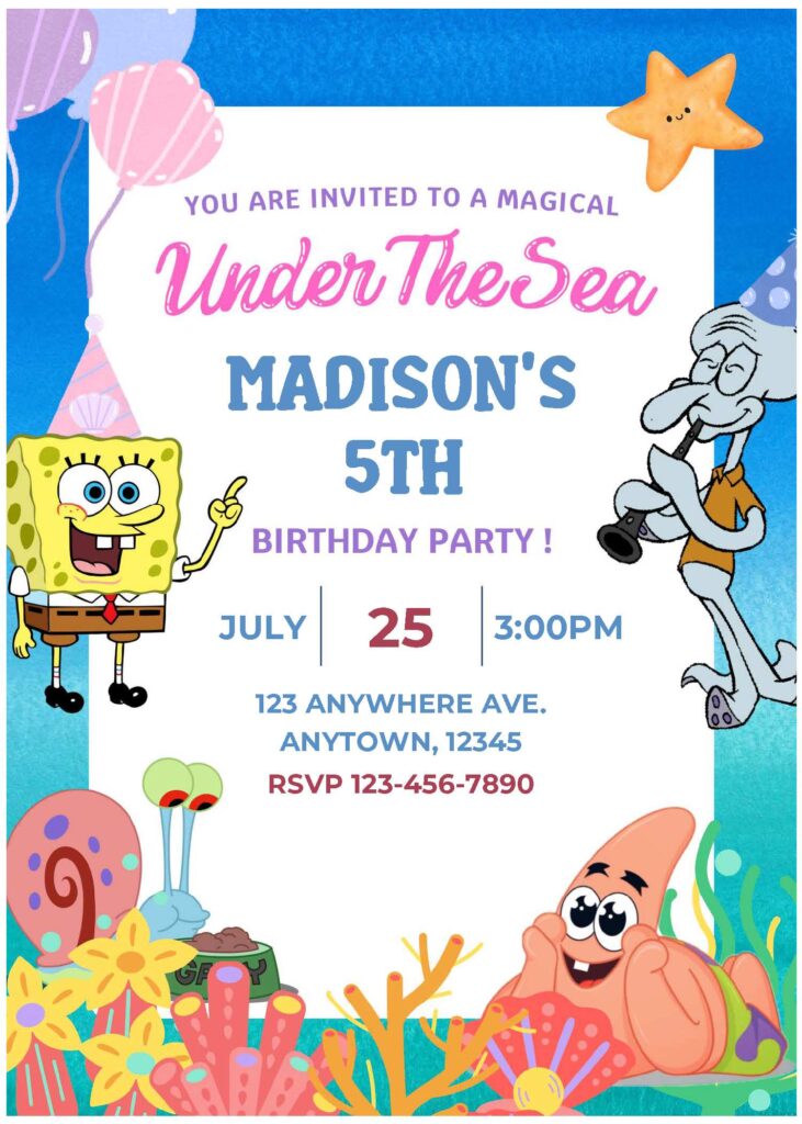 Invitation Template of (Free Editable PDF) Dive Into Fun SpongeBob Under the Sea Birthday Invitation Templates 2