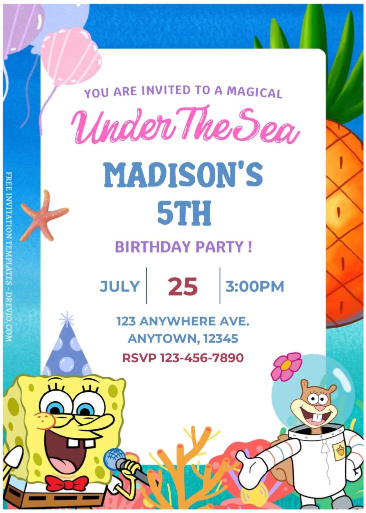 (Free Editable PDF) Dive Into Fun SpongeBob Under the Sea Birthday Invitation Templates B