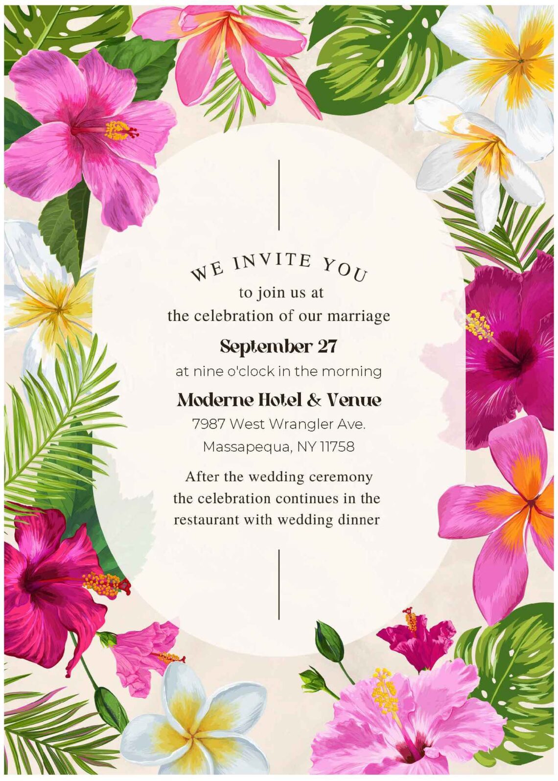 (Free Editable PDF) Vibrant Tropical Oasis Wedding Invitation Templates A