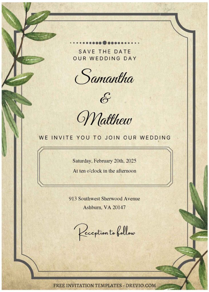 (Free Editable PDF) Vintage Botanical Foliage Wedding Invitation Templates A