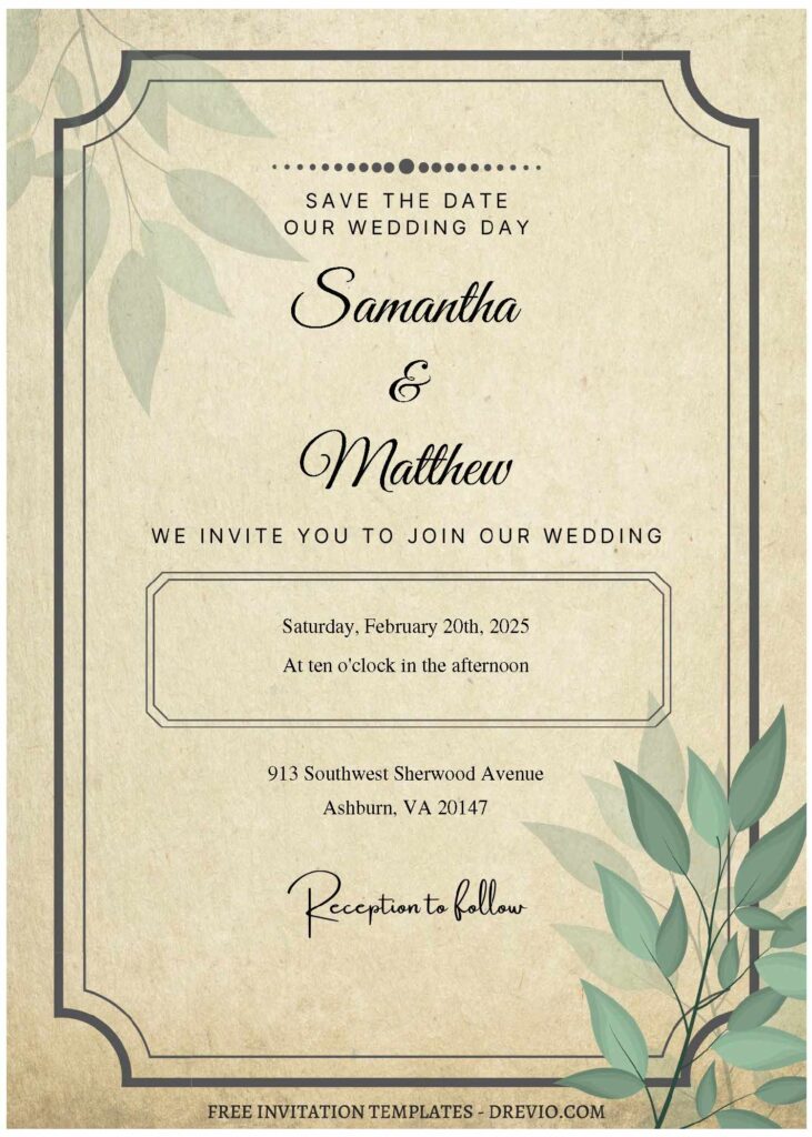 (Free Editable PDF) Vintage Botanical Foliage Wedding Invitation Templates C
