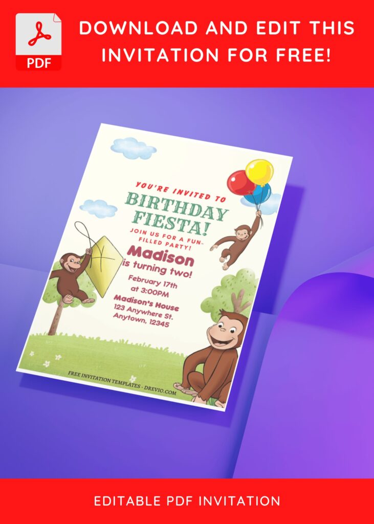 (Free Editable PDF) Party Like Curious George Birthday Invitation Templates J