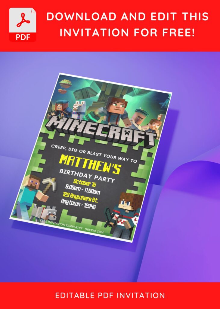 (Free Editable PDF) Fun Pixel Party Minecraft Birthday Invitation Templates J