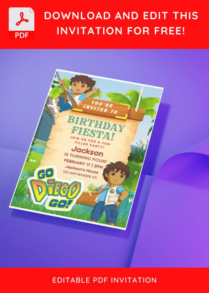 (Free Editable PDF) Go Diego Go Birthday Invitation Templates J