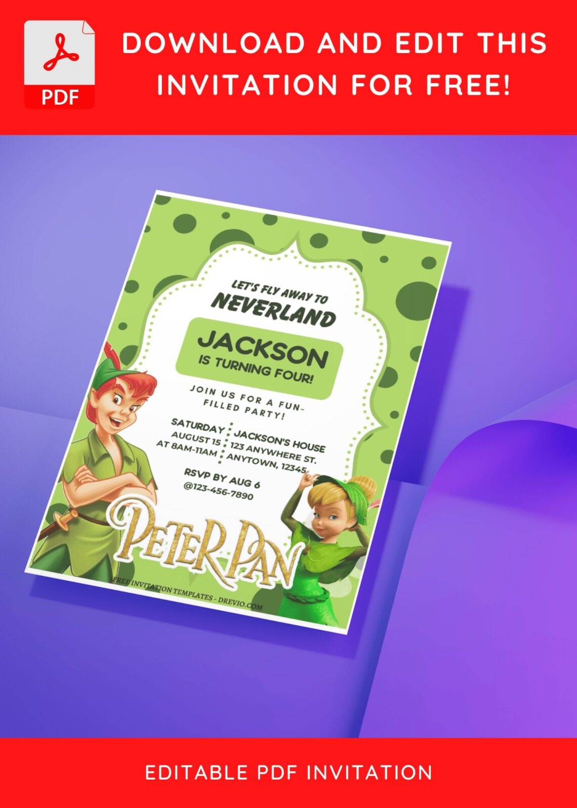 (Free Editable PDF) Fly To Neverland Peter Pan & Wendy Birthday Invitation Templates J