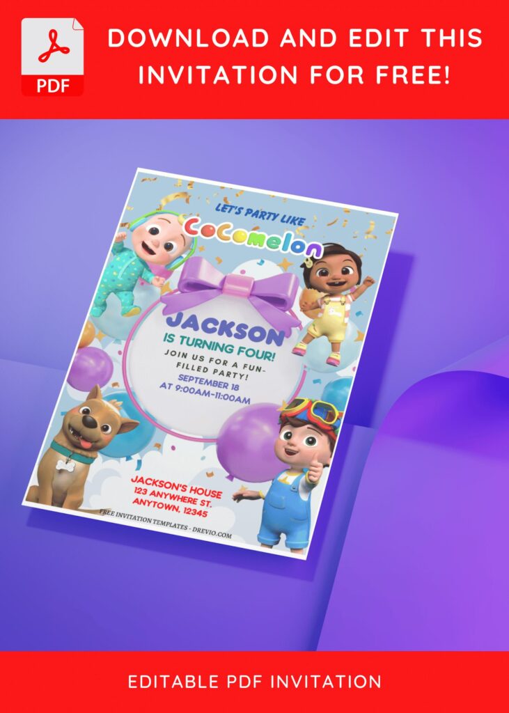 (Free Editable PDF) Cocomelon Wonderland Birthday Invitation Templates J