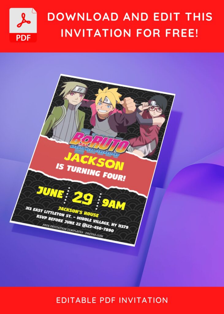 (Free Editable PDF) Thrilling Fun Boruto Ninja Birthday Invitation Templates J