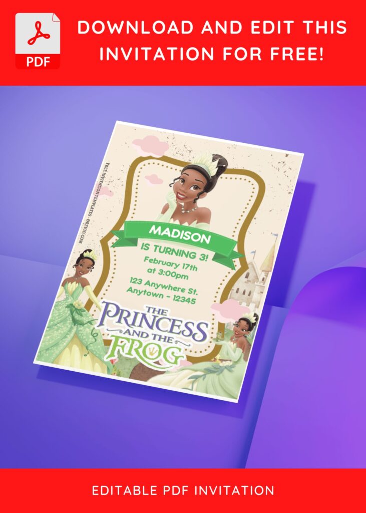 Invitation Template of (Free Editable PDF) Fairy Tale Princess Tiana & The Frog Birthday Invitation Templates 8