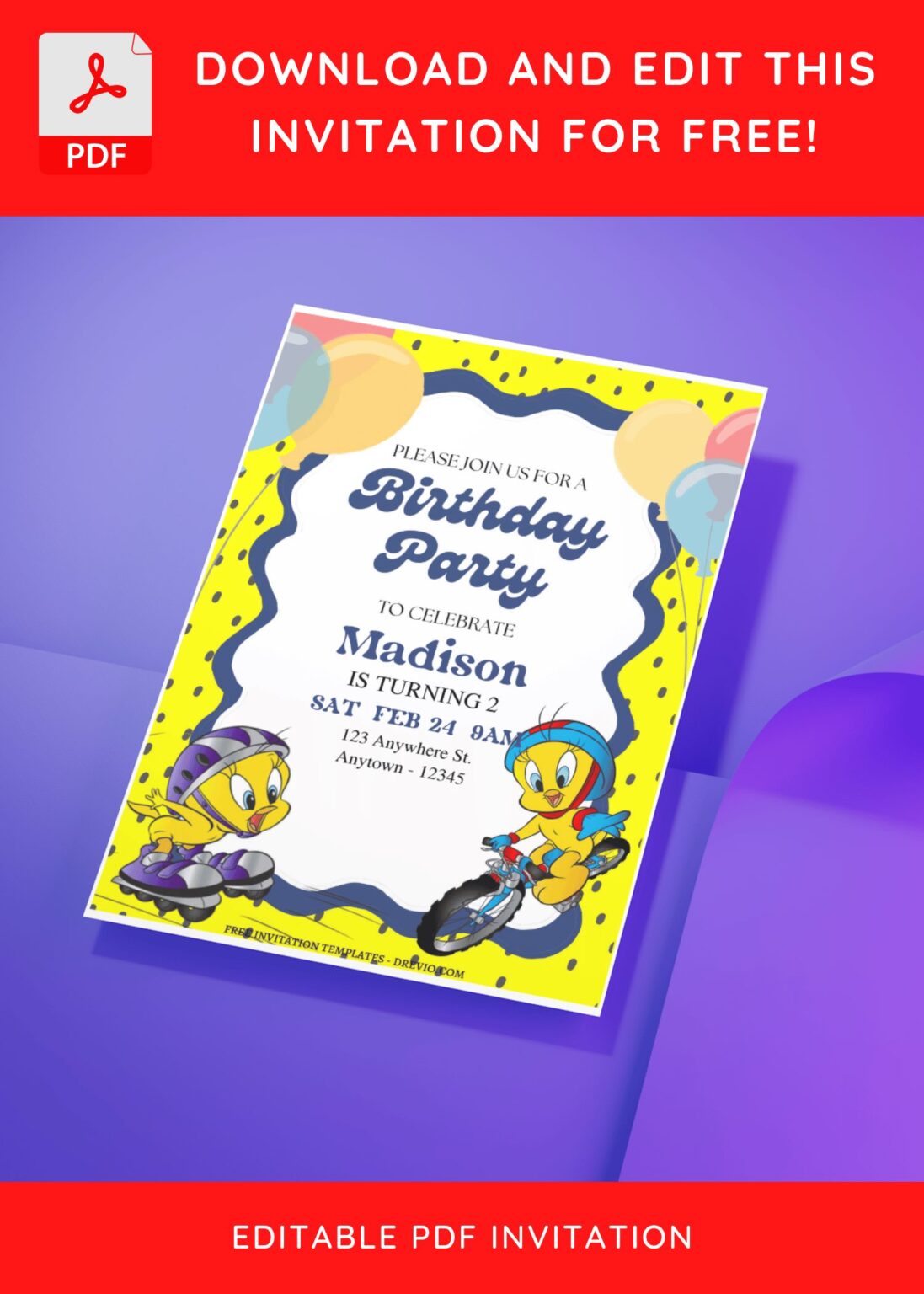 (Free Editable PDF) Bubbly Cute Tweety Birthday Invitation Templates ...