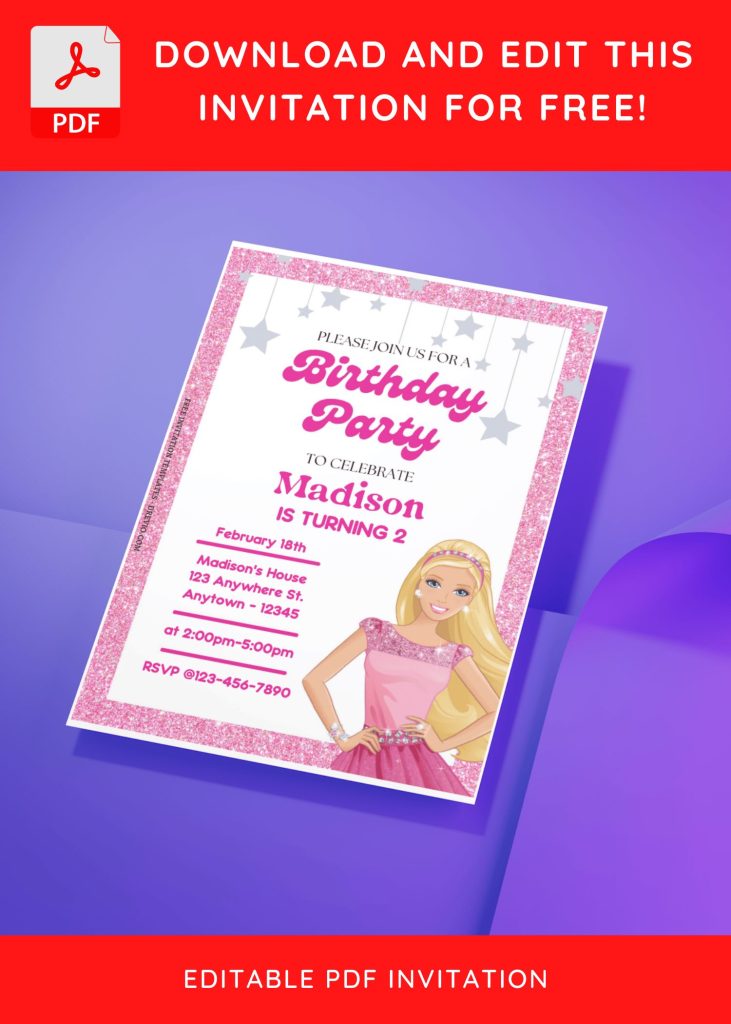 (Free Editable PDF) Sparkling Barbie Magic JBirthday Invitation Templates 