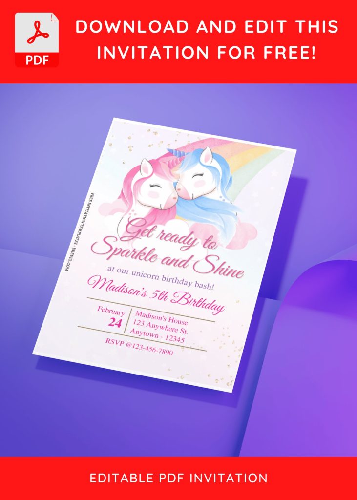 Invitation Template of (Free Editable PDF) Whimsical Watercolor Unicorn Birthday Invitation Templates 5