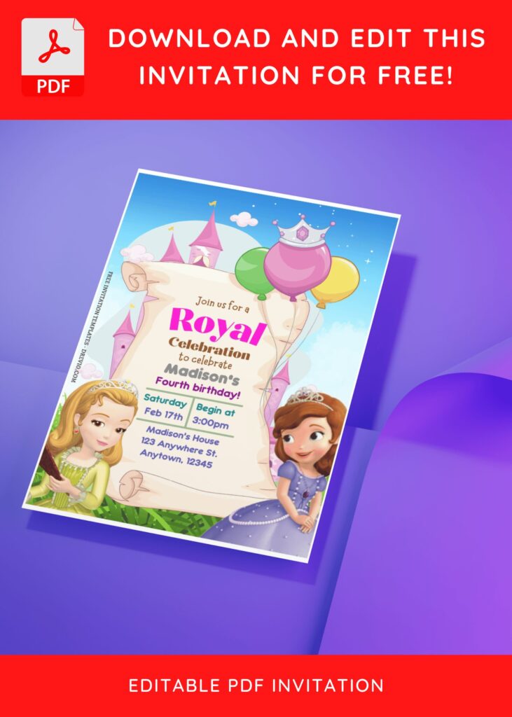 (Free Editable PDF) Magical Awaits Sofia The First Birthday Invitation Templates J