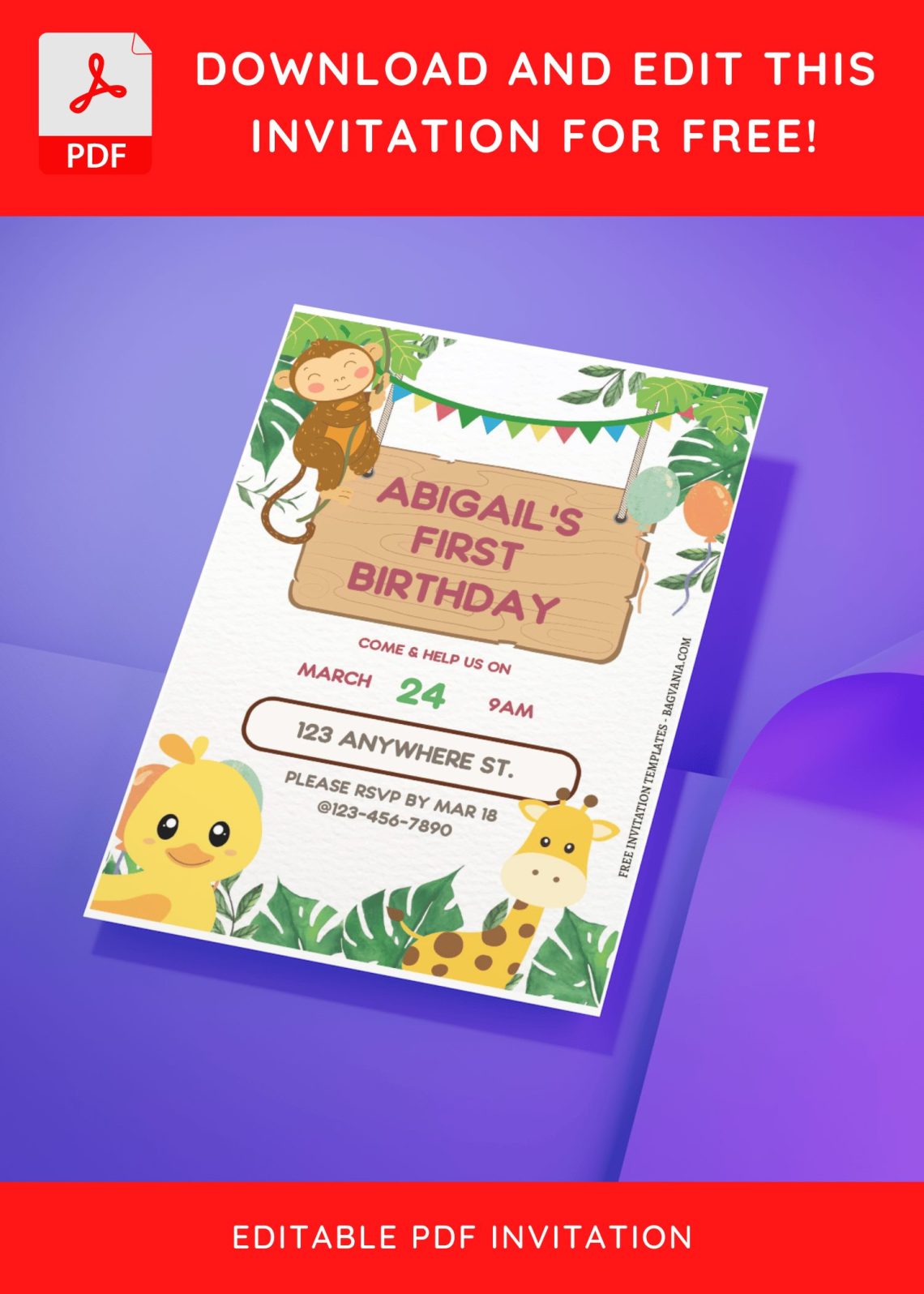 (Free Editable PDF) Playful Jungle Birthday Bash Invitation Templates J
