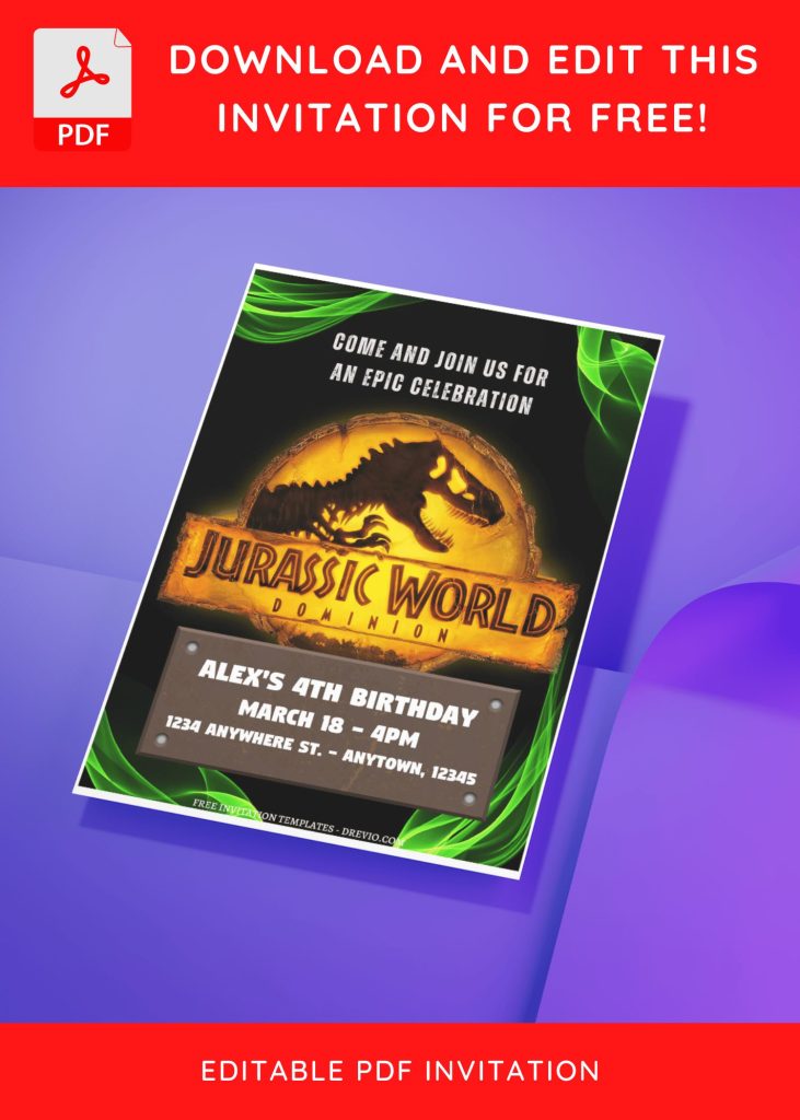 (Free Editable PDF) Roaring Good Time Jurassic Birthday Invitation Templates J