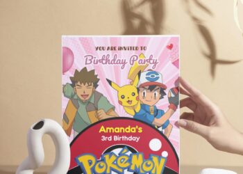 (Free Editable PDF) Cute Pokemon Girl Birthday Invitation Templates with Brock and Ash Ketchum