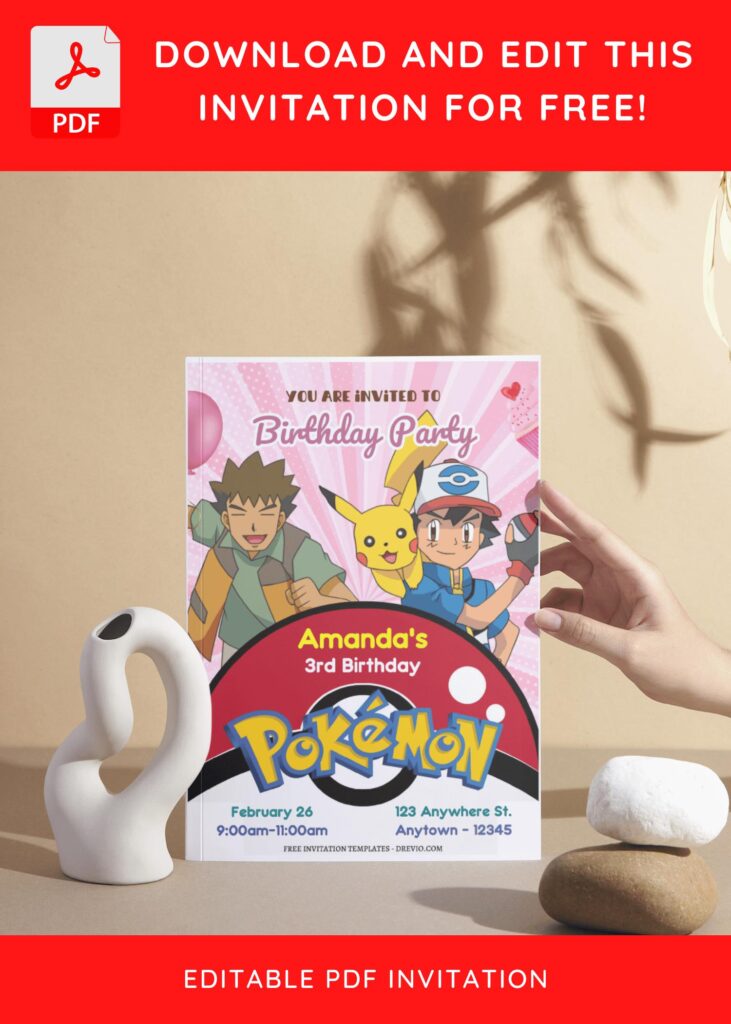 (Free Editable PDF) Cute Pokemon Girl Birthday Invitation Templates with Brock and Ash Ketchum