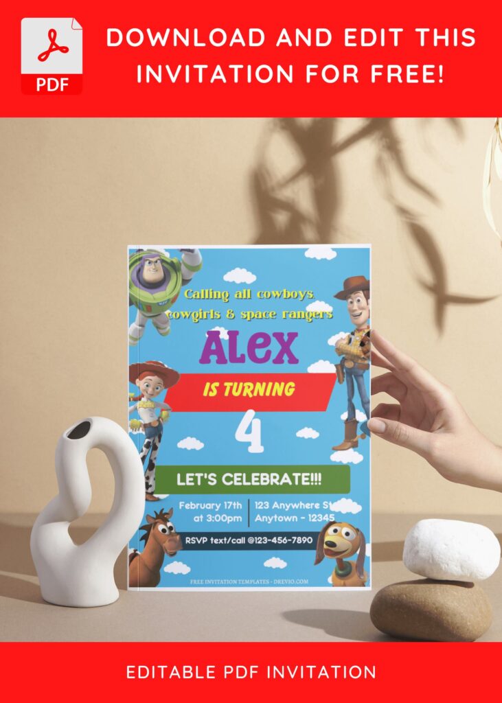 (Free Editable PDF) Party Time With Toy Story Birthday Invitation Templates I