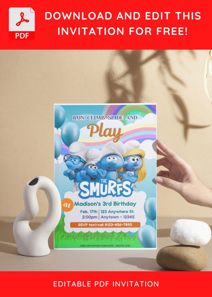 (Free Editable PDF) Magical Smurfs Birthday Invitation Templates with purple watercolor balloons