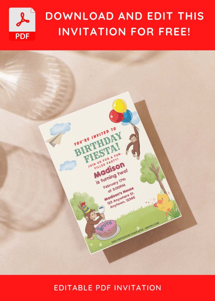 (Free Editable PDF) Party Like Curious George Birthday Invitation Templates with cute George and his pink birthday cake