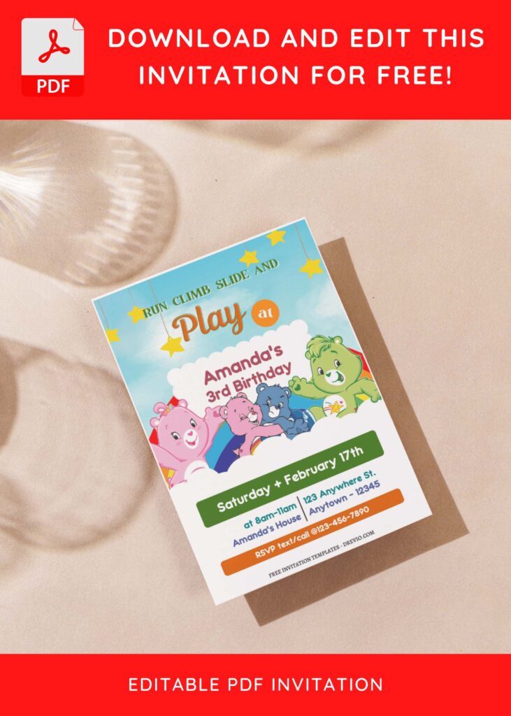 (Free Editable PDF) Share The Fun Care Bears Birthday Invitation Templates with twinkle stars