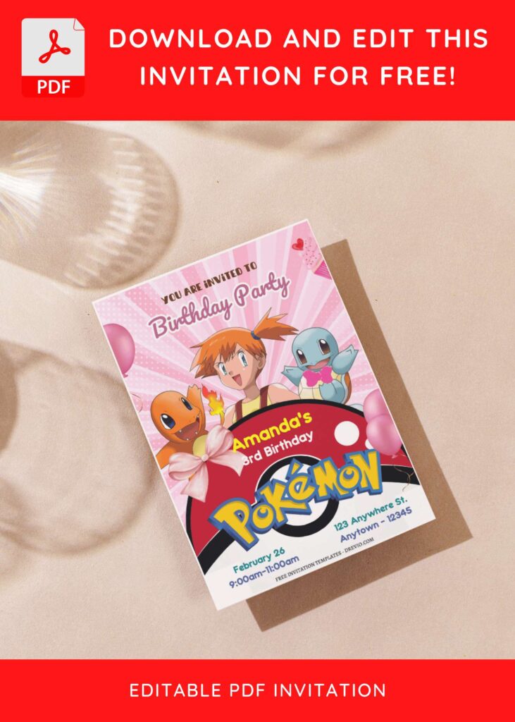 (Free Editable PDF) Cute Pokemon Girl Birthday Invitation Templates with adorable Squirtle
