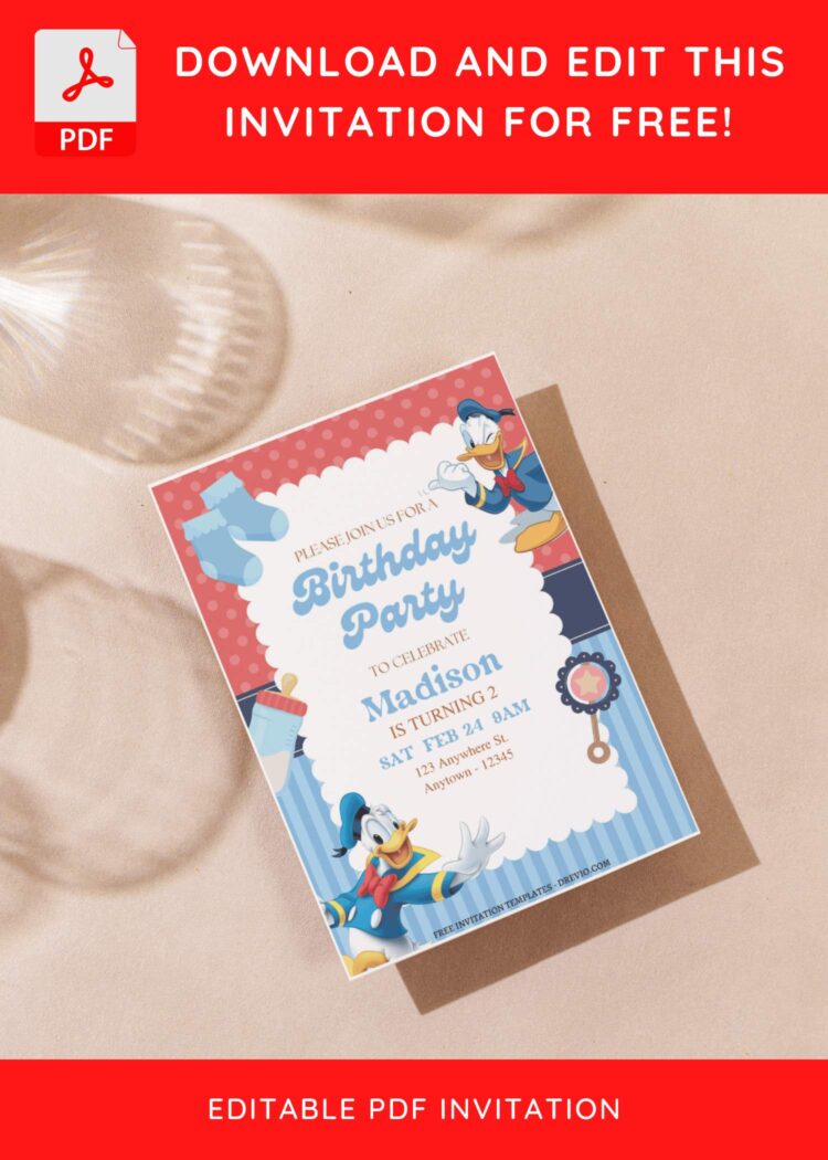 (Free Editable PDF) Quirky Quacker Donald Duck Birthday Invitation ...